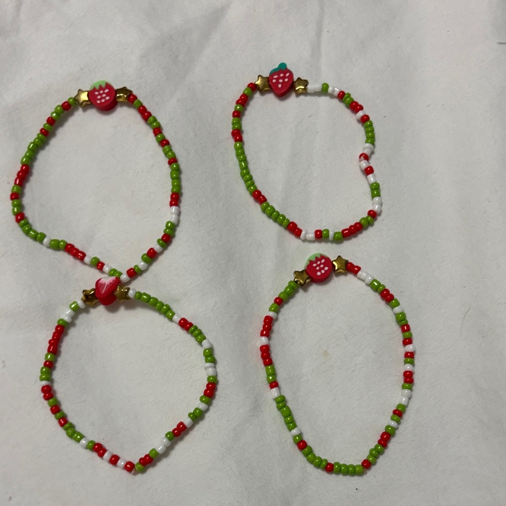 Charming Strawberry Beaded Bracelet Set of 4 - Red, Green, and White